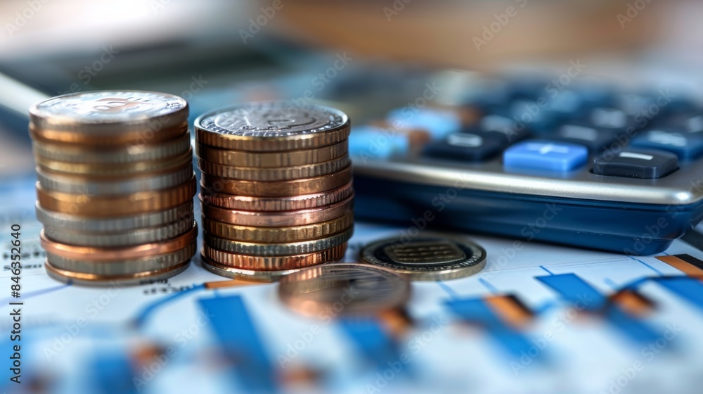 Poster stacks of coins and blue upward arrows on a blurred background with a calculator, depicting the conc