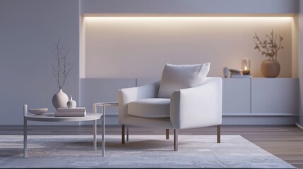 A modern Scandinavian living room featuring a sleek white armchair, a minimalist coffee table, and soft, natural lighting that highlights the simple yet elegant decor. 3D illustration.