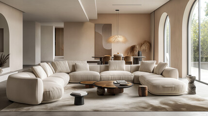 Modern living room interior with fabric sofa, velvety texture, surrounded by contemporary furniture and illuminated by natural light.