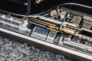 Computer board hardware motherboard microelectronics server cpu. Electronic circuit board. microchip, processor, integrated circuits, capacitors, resistances and electronic connections. 