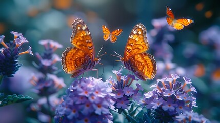  Heliotrope flowers with butterflies fluttering around them in a garden
