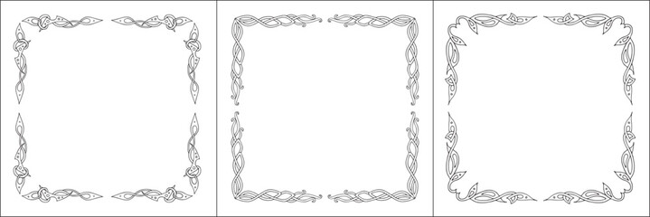 Elegant black and white frame with Scandinavian ornament, decorative border, corners for greeting cards, banners, business cards, invitations, menus. Isolated vector illustration.	