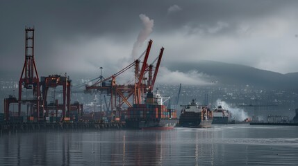 A bustling shipping port with cargo ships, containers, and cranes loading and unloading goods.