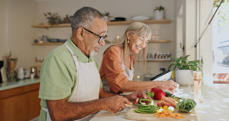 Kitchen, vegetables and elderly couple with cooking for healthy dinner, nutrition or bonding. Retirement, senior man and woman with ingredients at home for meal prep, support or happiness in marriage