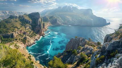 A panoramic landscape of the rugged Mediterranean coastline, bathed in sunlight, with turquoise...