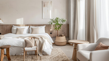 Fototapeta premium Modern hotel room with elegant bedding and stylish decor. Neutral tones, boho composition and use of natural light.
