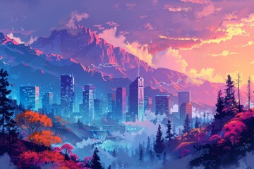 Obraz premium An urban mountain in surreal colors contrasting with the city skyline and urban park below, Depict the harmonious coexistence of nature and urban life with a touch of fantasy