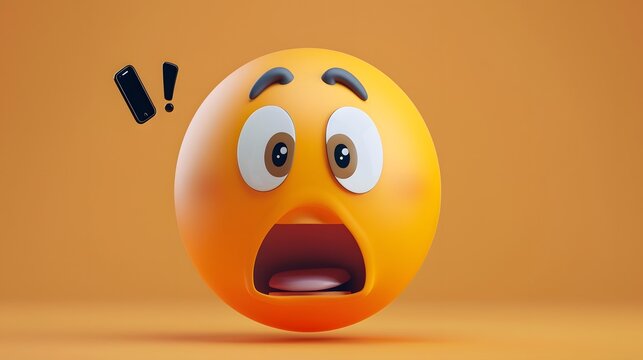3D shocked emoji face with open mouth and raised eyebrows on vibrant orange background