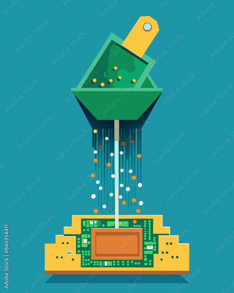 Poster layers of circuit boards being separated and shredded into tiny particles for recycling purposes.. v