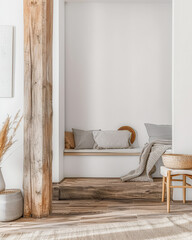 Modern hotel room with elegant bedding and stylish decor. Neutral tones, boho composition and use of natural light.