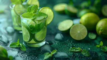 
Close-up of a refreshing mojito with lime slices and mint leaves