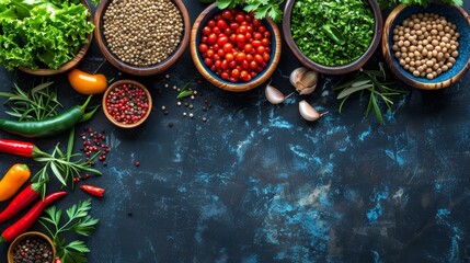  A blue surface hosts a table laden with bowls Vegetables of various kinds occupy the first set of bowls, while another group is reserved for beans and peppers