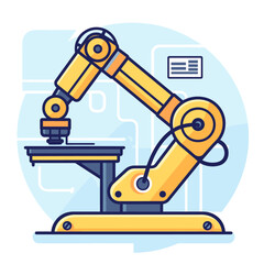 A simple flat vector illustration of an industrial robot arm and laptop displaying code