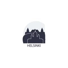 Helsinki skyline, downtown panorama logo, logotype. Finland capital city badge contour, isolated vector pictogram with cathedral, monuments, landmarks, skyscrapers at sunrise, sunset