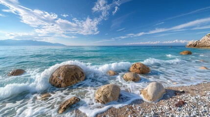 Obraz premium A picturesque Mediterranean coastal scene, where azure waters wash over a pebbled beach with scattered boulders, under a bright, cloudless sky.