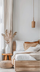 Modern hotel room with elegant bedding and stylish decor. Neutral tones, boho composition and use of natural light.