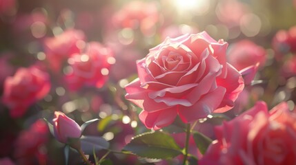 Obraz premium A bunch of pink roses are in a field