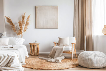 Modern hotel room with elegant bedding and stylish decor. Neutral tones, boho composition and use of natural light.