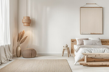Modern hotel room with elegant bedding and stylish decor. Neutral tones, boho composition and use of natural light.