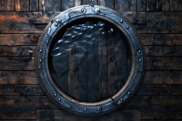 A wooden door with a round window and a metal frame