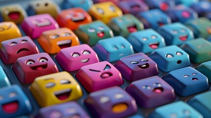 Colorful keyboard keys with emoticon faces showing a wide range of emotions in a close-up view