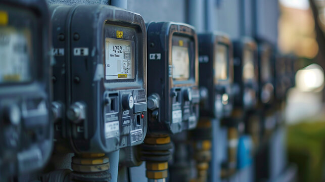 
Close-up of natural gas meters and electric meters on a wall