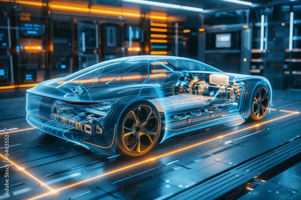 Poster Delve into the cuttingedge automotive engineering and technology behind a futuristic electric car with a transparent design. Emphasize its innovative features and functionalities