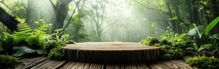 A wooden platform stands in the middle of the forest, surrounded by trees and foliage
