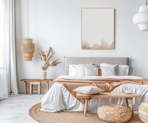 Modern hotel room with elegant bedding and stylish decor. Neutral tones, boho composition and use of natural light.
