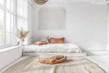Modern hotel room with elegant bedding and stylish decor. Neutral tones, boho composition and use of natural light.