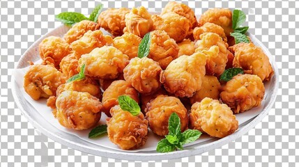 A platter of mini fried chicken bites, each golden and crunchy, displayed on a transparent background. Mint leaves are interspersed to add a fresh, green visual accent.