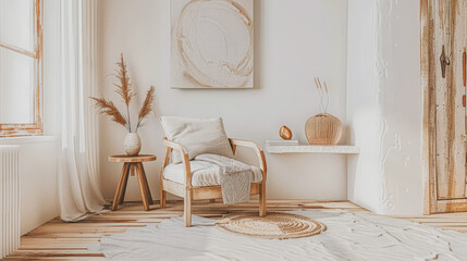 Modern hotel room with elegant bedding and stylish decor. Neutral tones, boho composition and use of natural light.