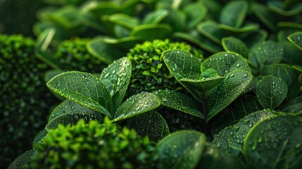 A precise arrangement of geometrically shaped topiary bushes in a garden, with the fresh morning dew highlighting the green leaves' intricate patterns.