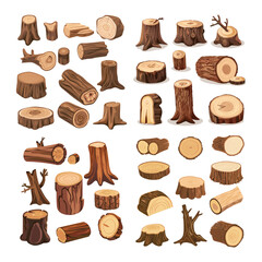 A set of vector graphics featuring various types and sizes of tree stumps and wood planks in the cartoon style