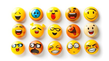 A collection of 16 vibrant emoji faces showcasing a range of emotions on a white background.