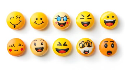 Obraz premium Yellow emoticon faces with expressions from happy to confused on white background