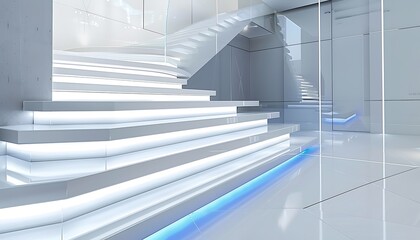 A modern luxury home entrance featuring a staircase with sleek, white steps and a vibrant blue LED light strip under each tread