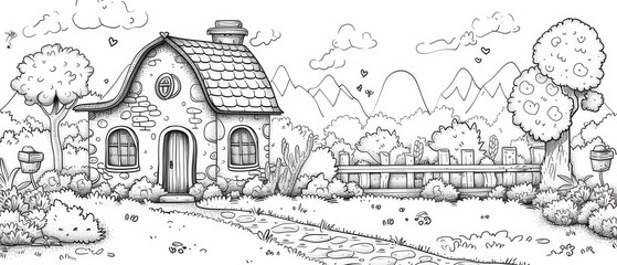 Obraz premium Cartoon Coloring Page Creator House Theme Cute kid. Vintage cartoon House garden in Forest Landscape