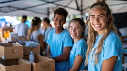 Smiling volunteers in blue shirts working at a community event, sorting donations and food items under a tent.