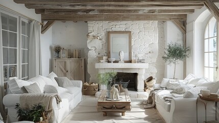 A Provence style living room with whitewashed walls, rustic wooden beams, and a stone fireplace, filled with soft linen sofas and antique French country decor.