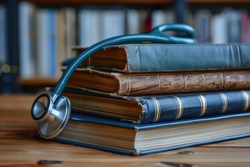Stack of vintage medical books with a stethoscope on a wooden table, evoking a sense of history and knowledge in healthcare.