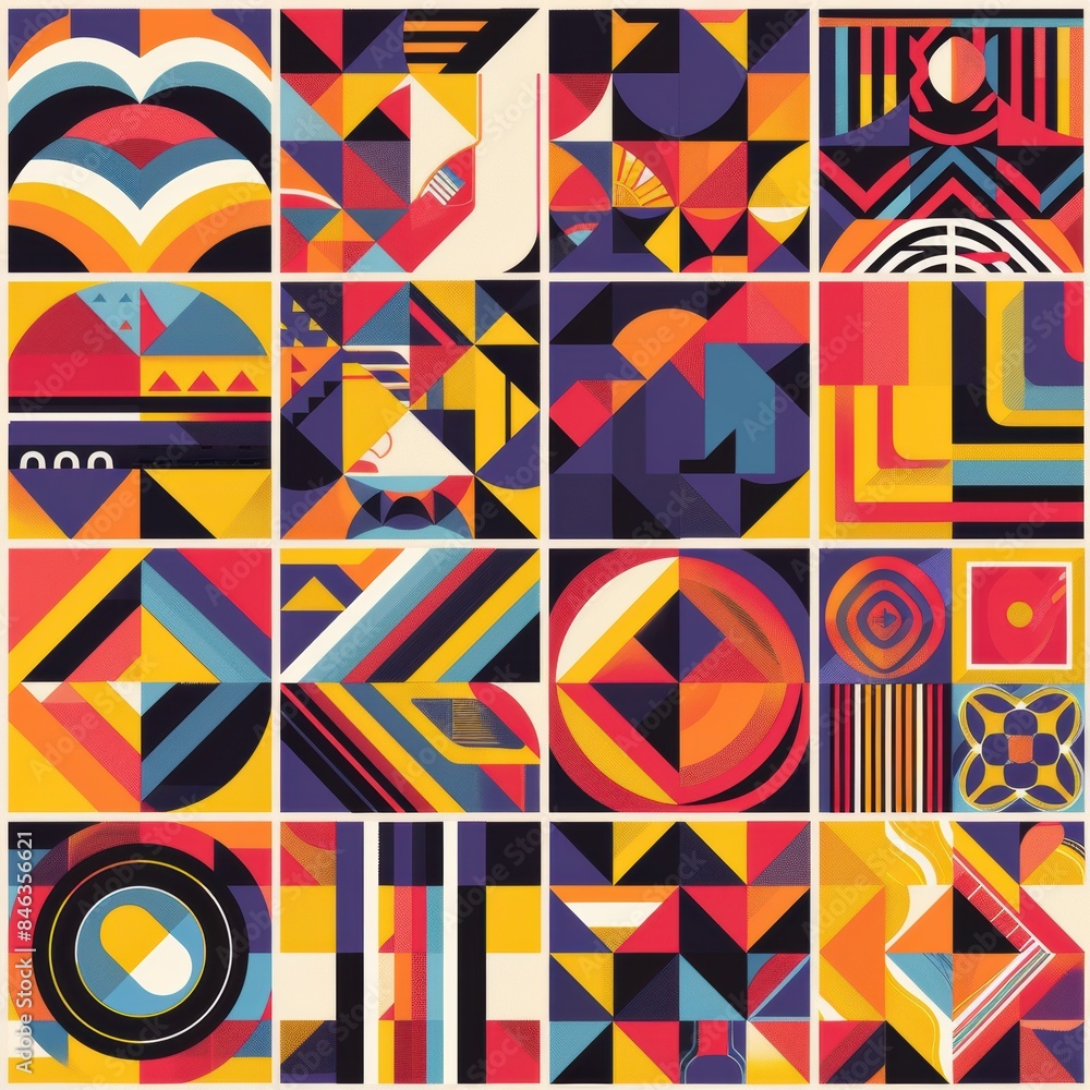 Poster a collection of abstract geometric patterns in vibrant colors
