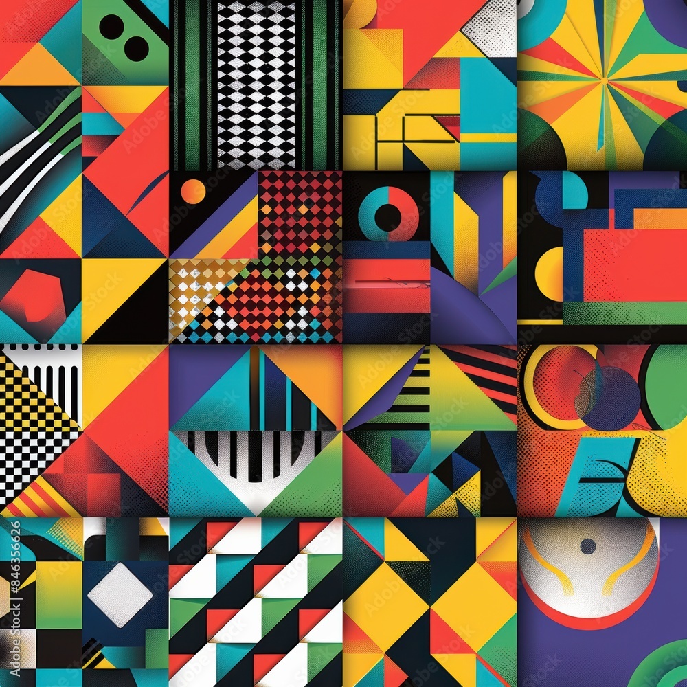 Poster a collection of abstract geometric patterns in vibrant colors