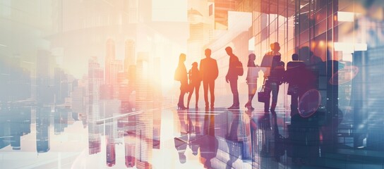 Corporate professionals collaborating in a modern office with cityscape background. Silhouettes of business people highlighted by soft daylight and long shadows, symbolizing teamwork and cooperation i