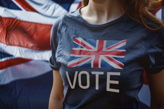 young United Kingdom election voter portrait in front of the union jack flag