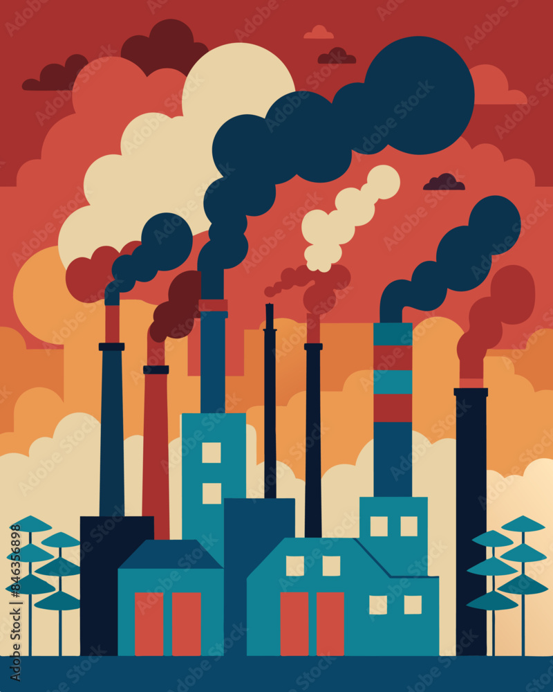 Poster the air is thick with smog emanating from the stacks of multiple factories that now dominate the hor
