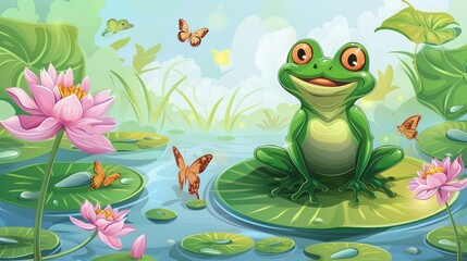 Fototapeta premium Majestic green frog on a lily pad in a tranquil pond with blooming lotus flowers