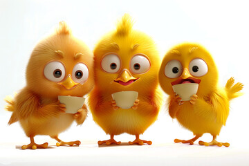 Fototapeta premium 3D three cute chicks transparent background, PNG file