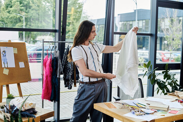 A young gay man in his atelier, examining a garment hes restoring, showcasing his dedication to...