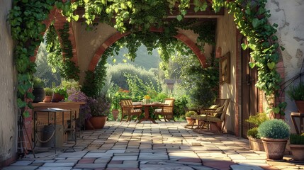 A romantic Tuscan patio area with a vine-covered archway leading to a secluded seating area, perfect for intimate dinners or quiet afternoons with a book.